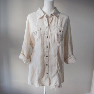 Saks White Linen Button Down Classic Cuffed Sleeve Women's Cream Button Up Shirt